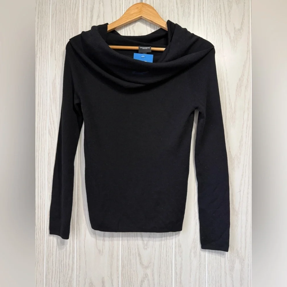 Le Superbe Size L Black Merino Wool Cowl Neck Sweater NWT